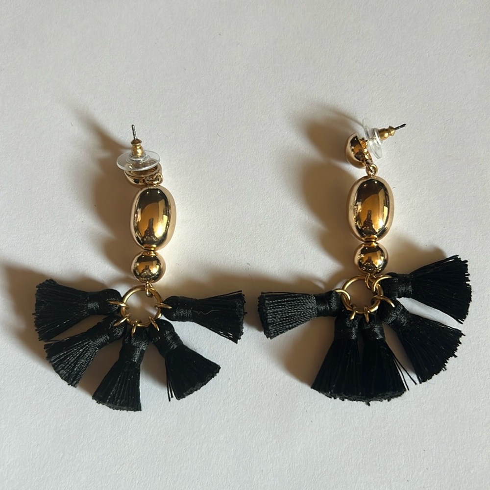 Gold bauble earrings dangly with black thread tassels